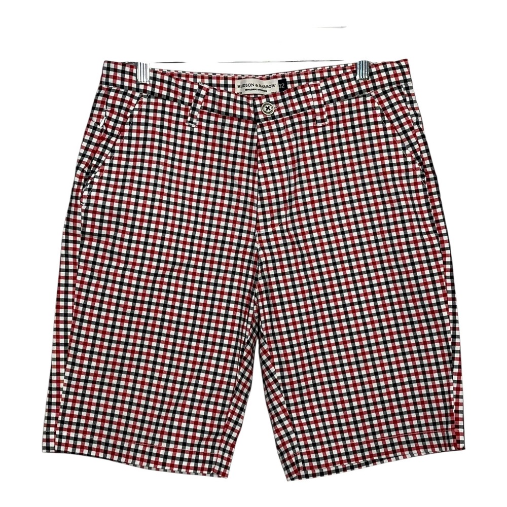 Hudson & Barrow Mens 32 Red Black White Gingham Plaid Cotton Stretch Shorts